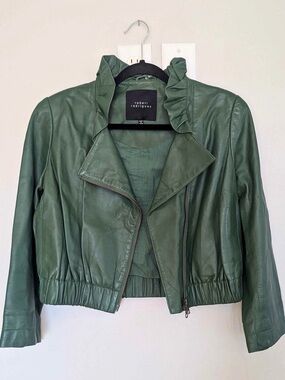 Robert Rodriguez Olive Green Leather Ruffle-Collar Moto Jacket
